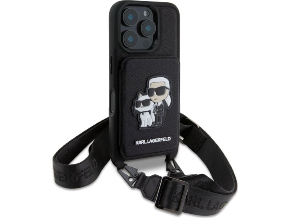Ochranný kryt na iPhone 16 Pro - Karl Lagerfeld, Saffiano Crossbody Karl and Choupette Black KLHCP16LCSAKCPMK
