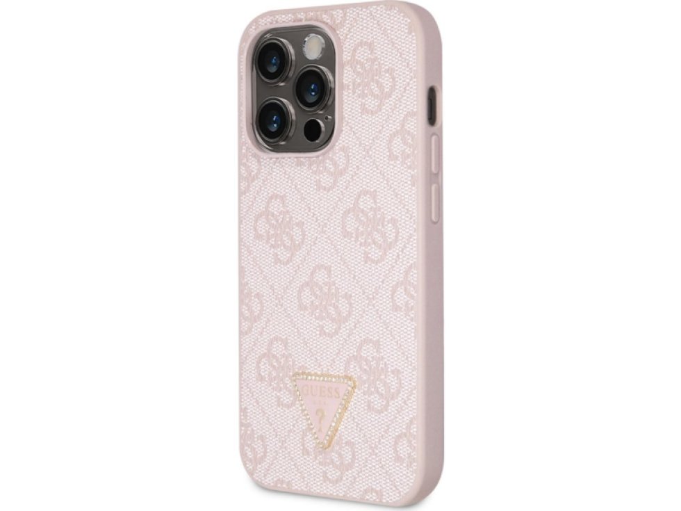 Ochranný kryt na iPhone 15 Pro - Guess, 4G Strass Triangle Metal Logo Pink GUHCP15LP4TDPP