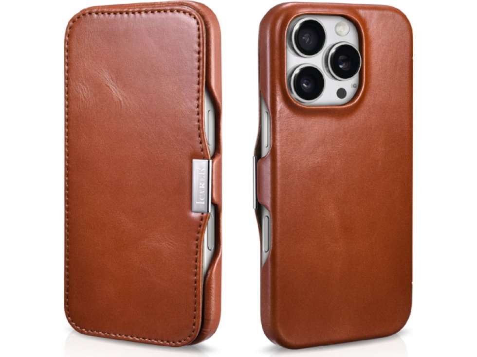 Knížkové pouzdro na iPhone 16 Pro - iCarer, Oil Wax Real Leather MagSafe Brown WMI16250502-BN