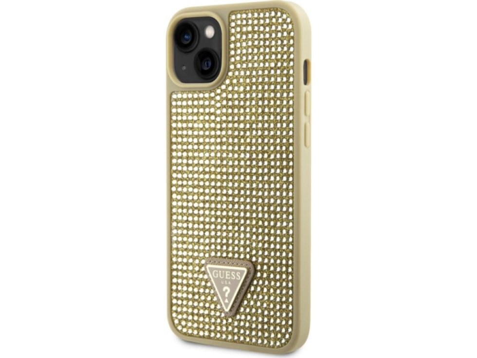 Ochranný kryt pro iPhone 14 - Guess, Rhinestones Triangle Metal Logo Gold GUHCP14SHDGTPD