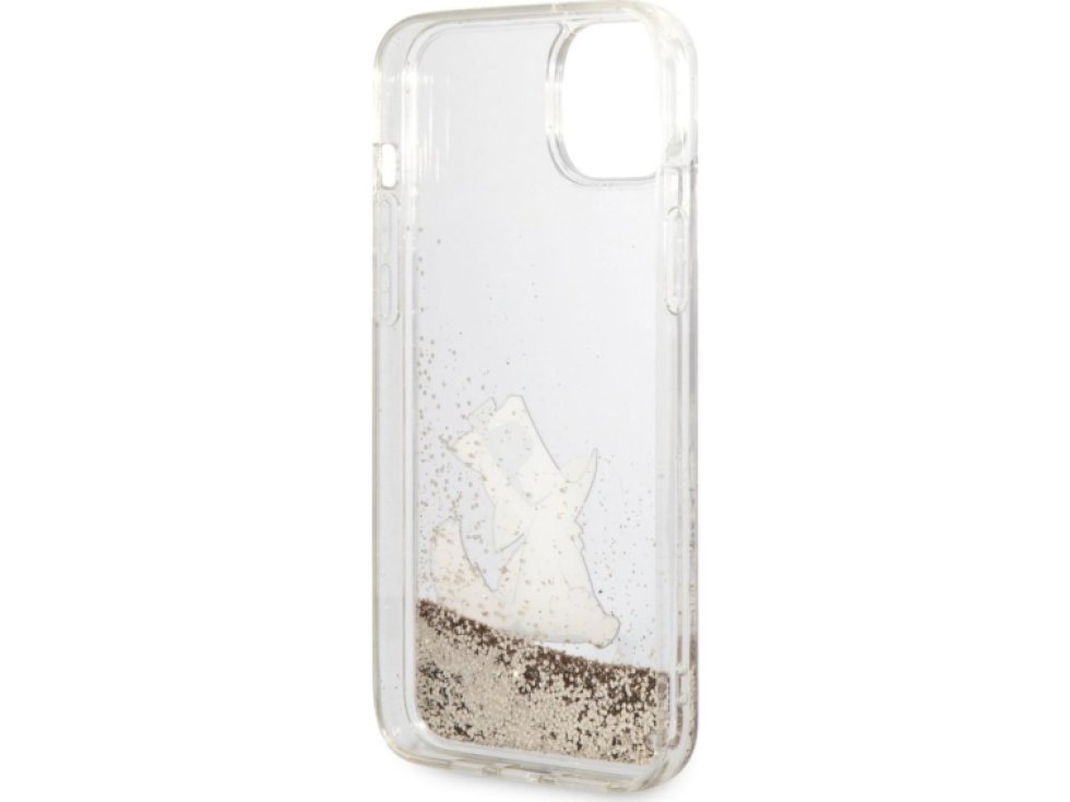 Ochranný kryt pro iPhone 14 PLUS - Karl Lagerfeld, Liquid Glitter Choupette Eat Gold KLHCP14MGCFD