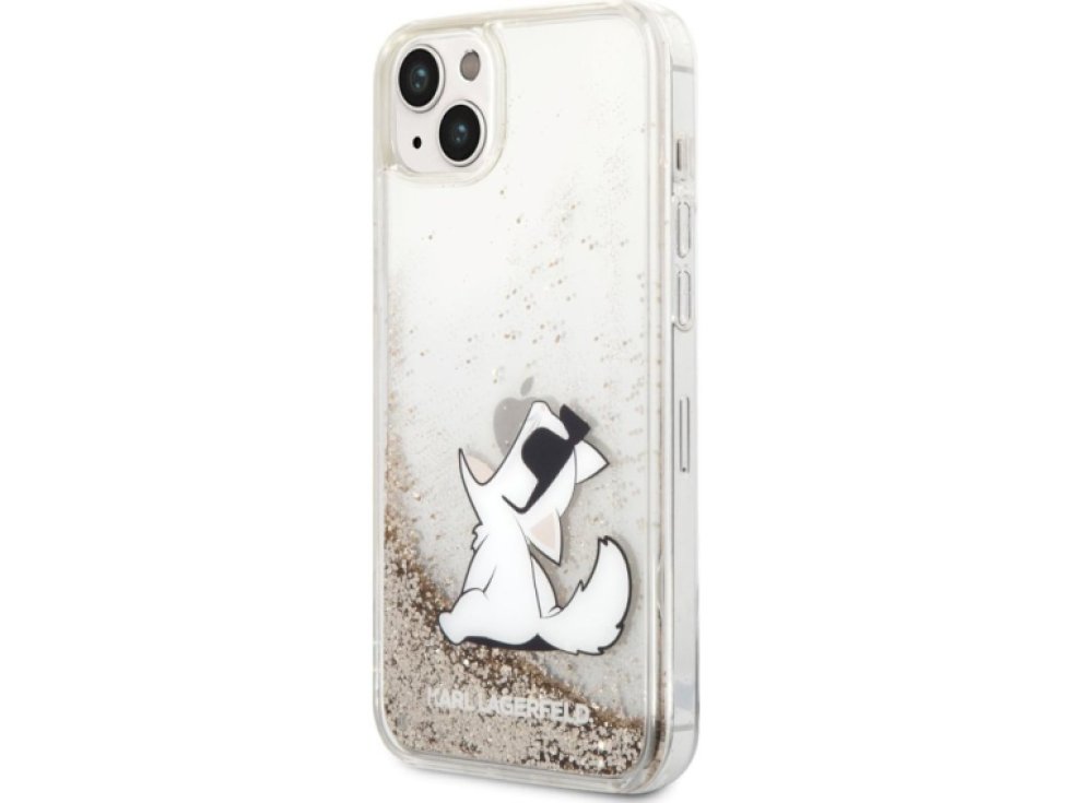 Ochranný kryt pro iPhone 14 PLUS - Karl Lagerfeld, Liquid Glitter Choupette Eat Gold KLHCP14MGCFD