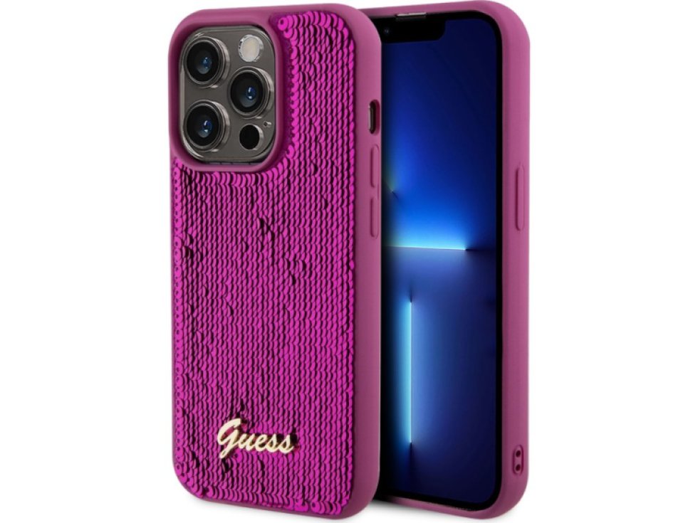 Ochranný kryt na iPhone 14 Pro - Guess, Sequin Script Logo Magenta GUHCP14LPSFDGSF