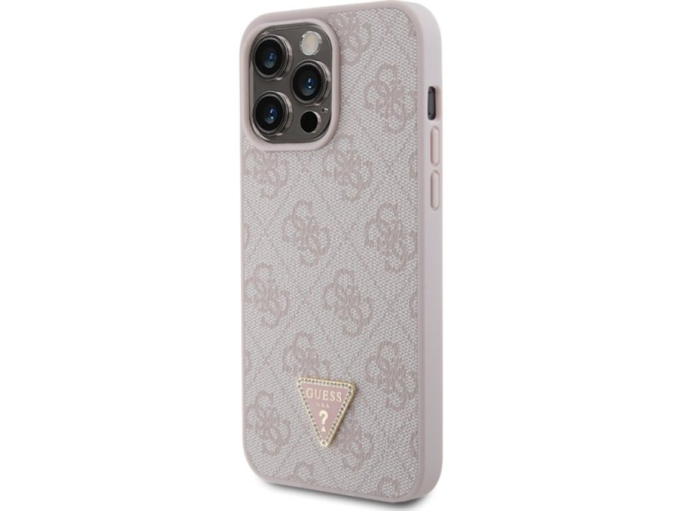Ochranný kryt na iPhone 15 Pro MAX - Guess, 4G Strass Triangle Metal Logo Pink GUHCP15XP4TDPP