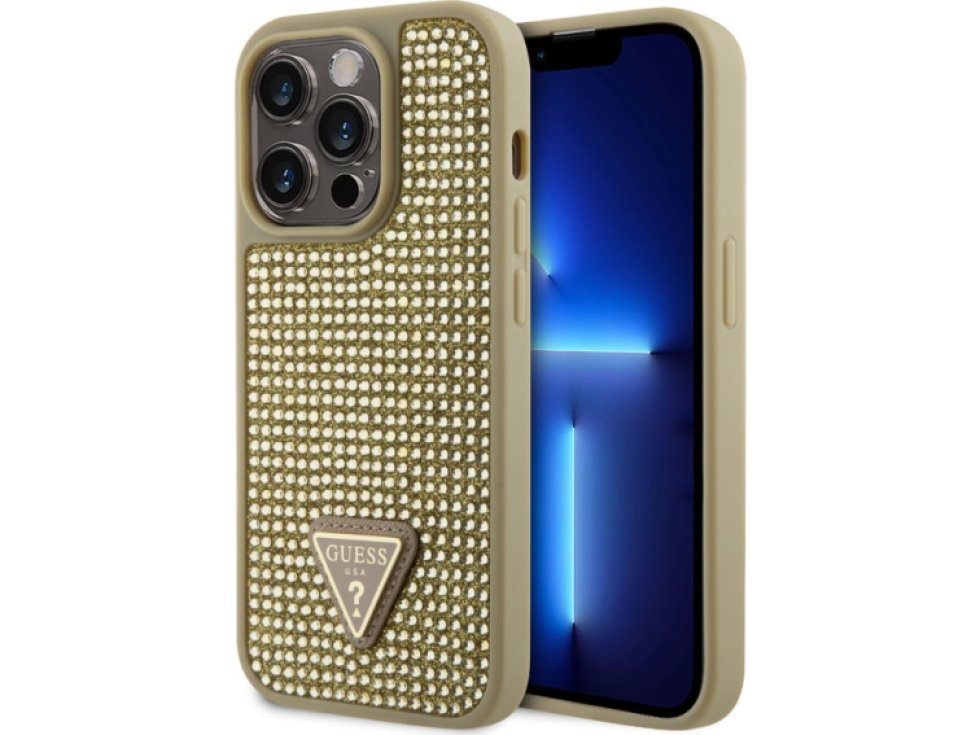 Ochranný kryt pro iPhone 15 Pro - Guess, Rhinestones Triangle Metal Logo Gold GUHCP15LHDGTPD