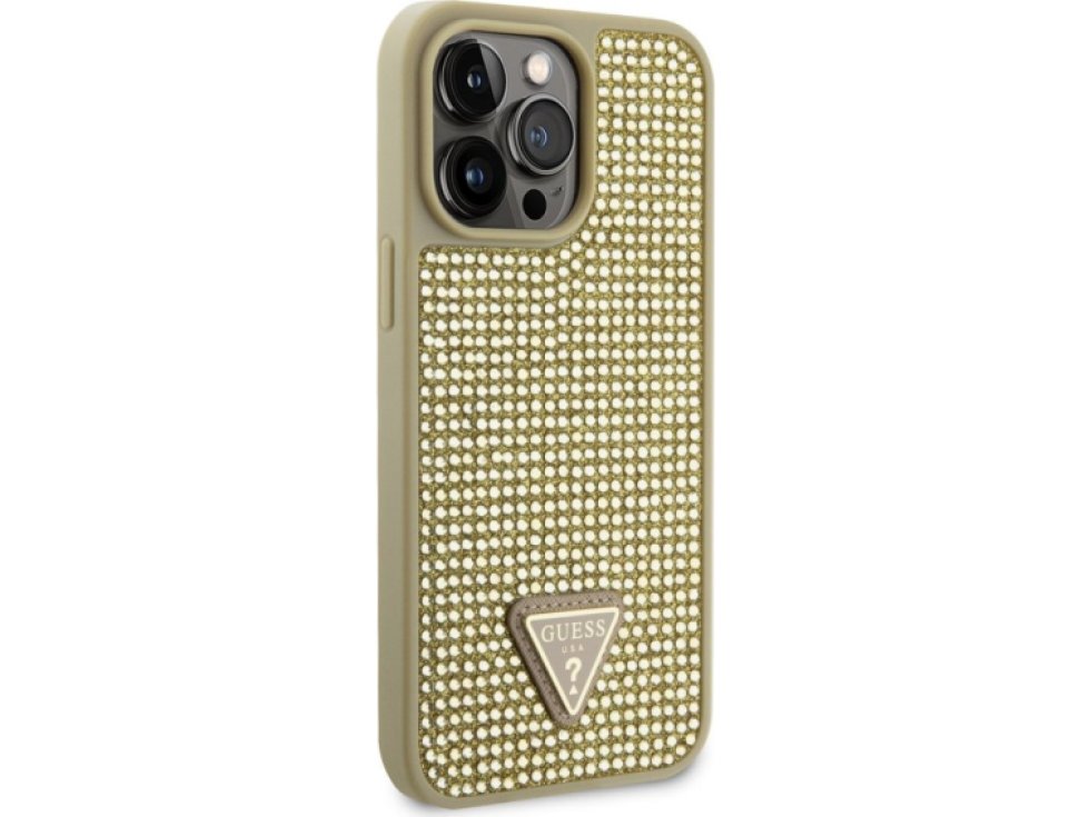 Ochranný kryt pro iPhone 14 Pro MAX - Guess, Rhinestones Triangle Metal Logo Gold GUHCP14XHDGTPD
