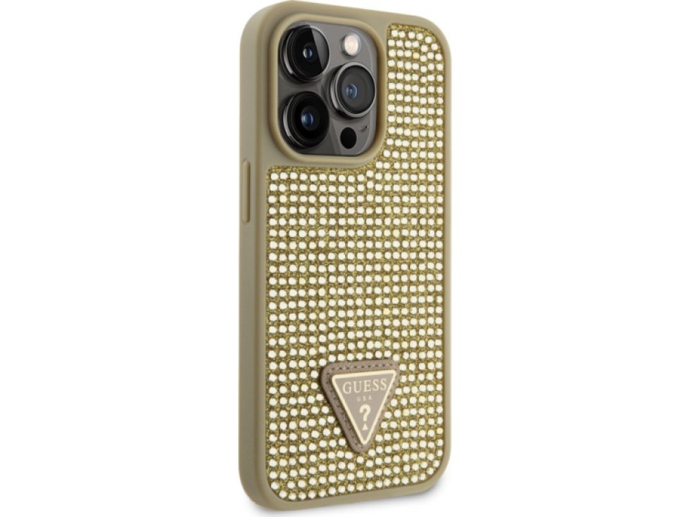 Ochranný kryt pro iPhone 15 Pro - Guess, Rhinestones Triangle Metal Logo Gold GUHCP15LHDGTPD