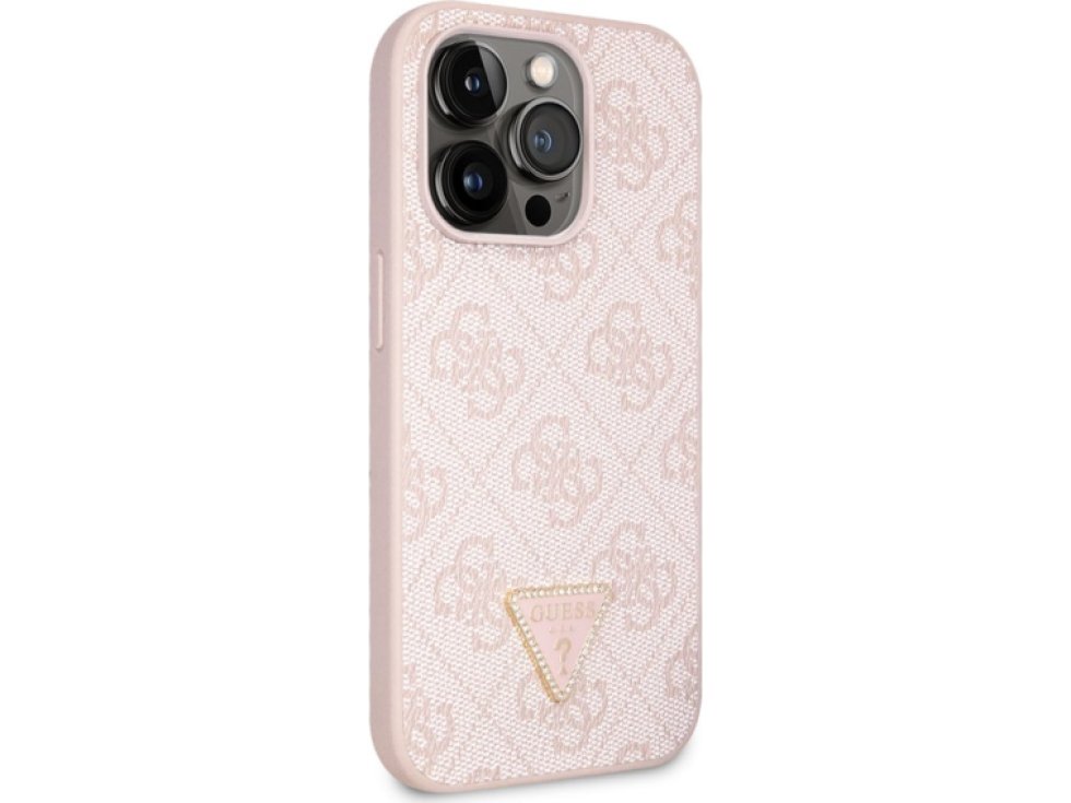 Ochranný kryt na iPhone 15 Pro - Guess, 4G Strass Triangle Metal Logo Pink GUHCP15LP4TDPP