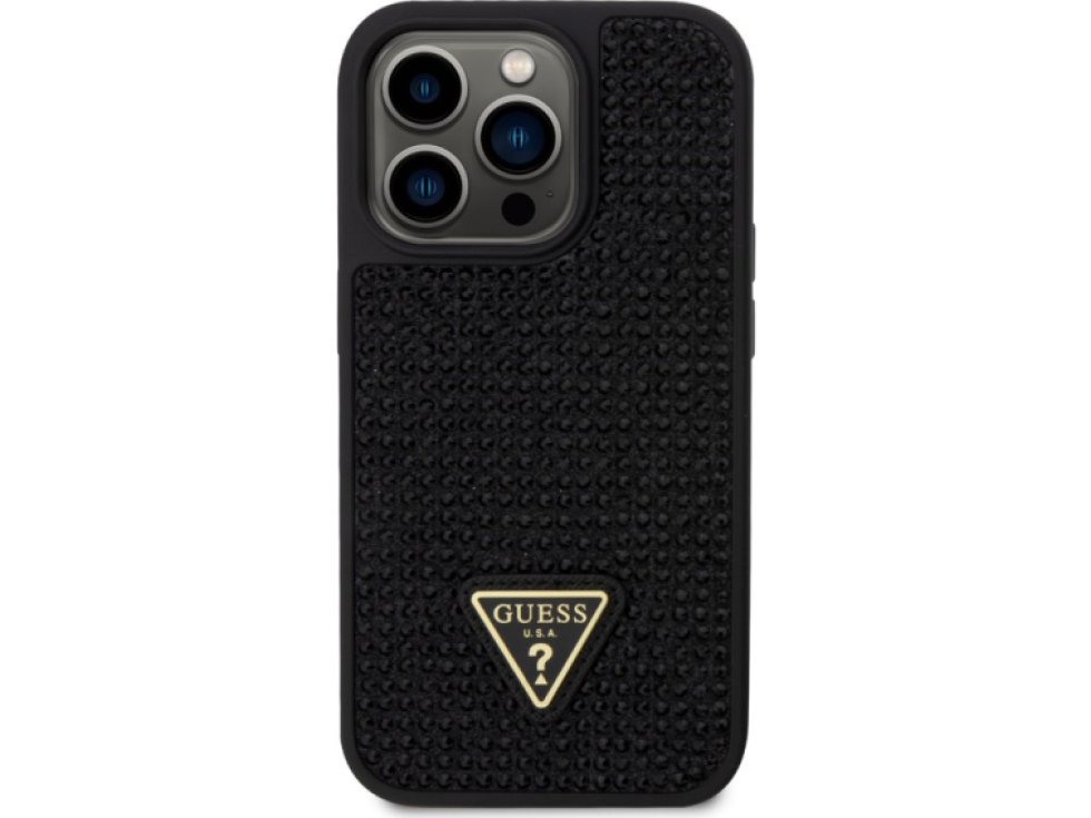 Ochranný kryt pro iPhone 15 Pro - Guess, Rhinestones Triangle Metal Logo Black GUHCP15LHDGTPK