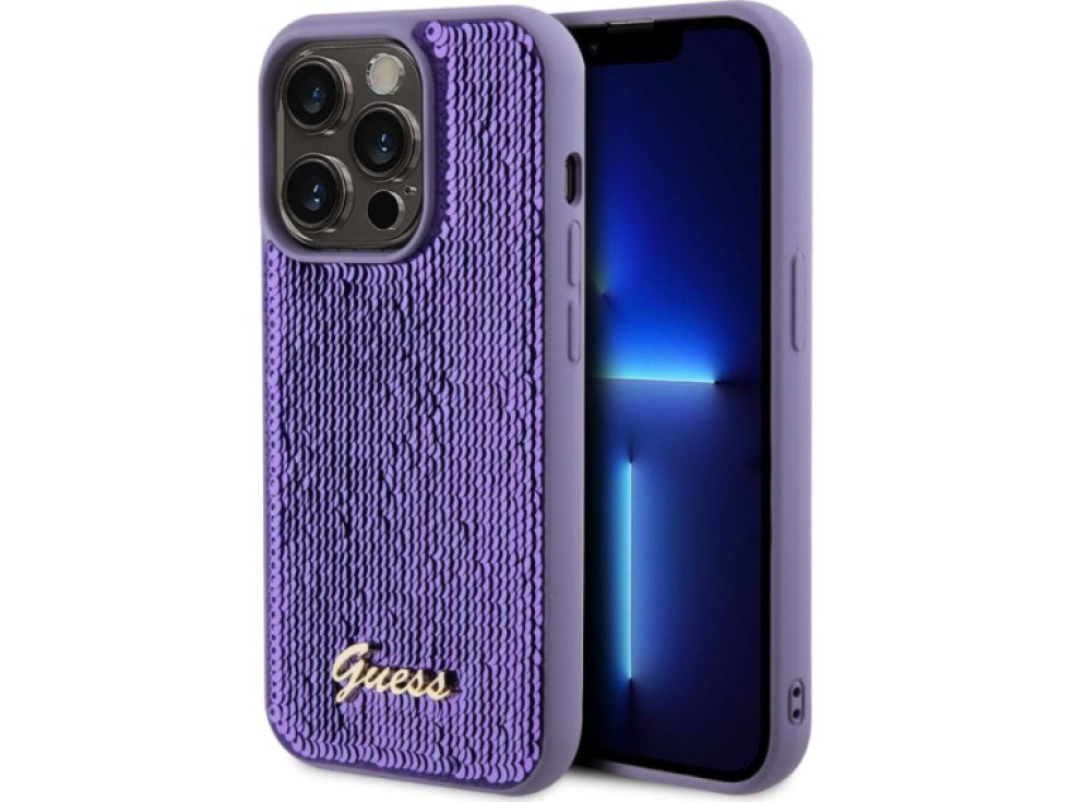 Ochranný kryt na iPhone 14 Pro MAX - Guess, Sequin Script Logo Purple GUHCP14XPSFDGSU