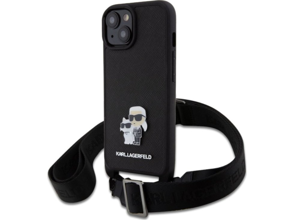Ochranný kryt s crossbody popruhem pro iPhone 15 - Karl Lagerfeld, Saffiano Metal Karl and Choupette Black KLHCP15SSAKCPBK