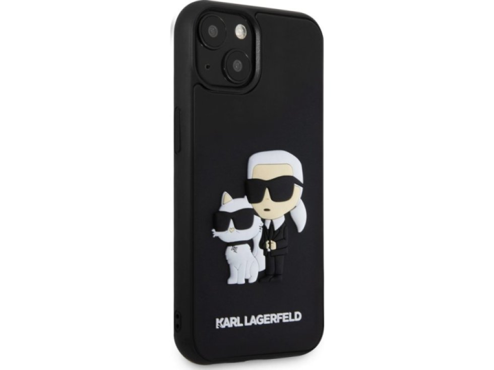 Ochranný kryt na iPhone 15 - Karl Lagerfeld, 3D Rubber Karl and Choupette Black KLHCP15S3DRKCNK
