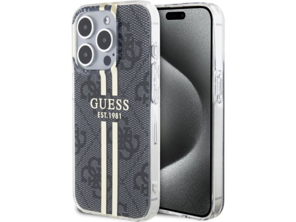 Ochranný kryt na iPhone 15 Pro MAX - Guess, IML 4G Gold Stripe Black GUHCP15XH4PSEGK