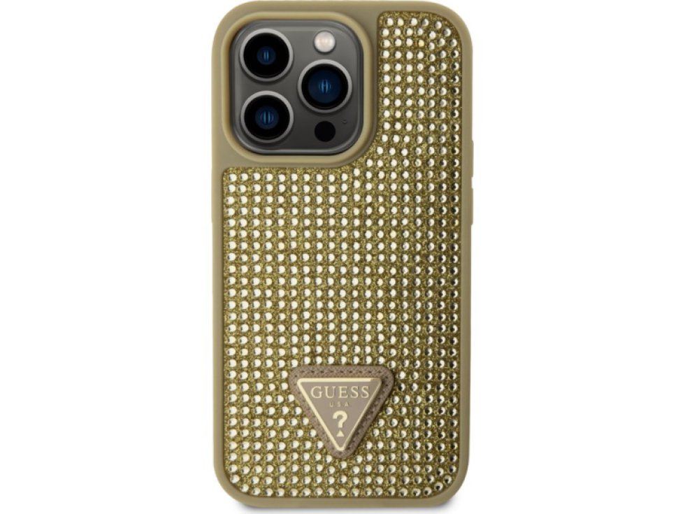 Ochranný kryt pro iPhone 15 Pro - Guess, Rhinestones Triangle Metal Logo Gold GUHCP15LHDGTPD