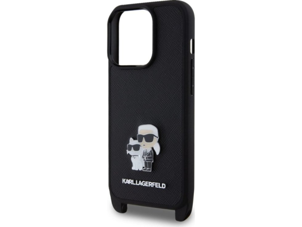 Ochranný kryt s crossbody popruhem pro iPhone 15 Pro - Karl Lagerfeld, Saffiano Metal Karl and Choupette Black KLHCP15LSAKCPBK