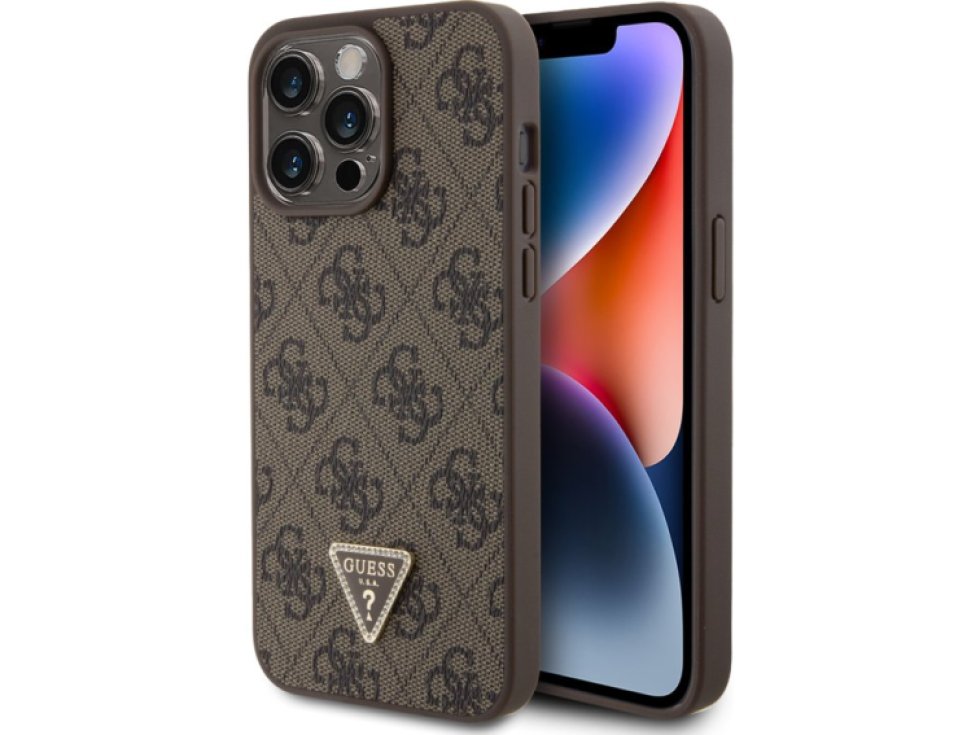 Ochranný kryt na iPhone 15 Pro MAX - Guess, 4G Strass Triangle Metal Logo Brown GUHCP15XP4TDPW