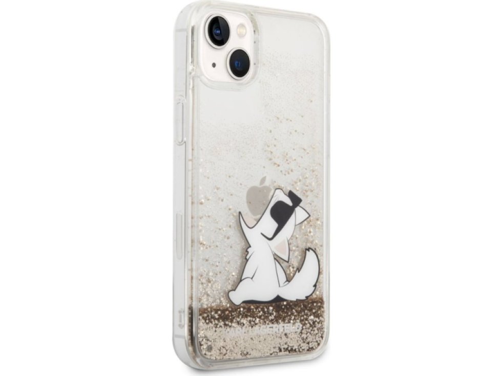 Ochranný kryt pro iPhone 14 PLUS - Karl Lagerfeld, Liquid Glitter Choupette Eat Gold KLHCP14MGCFD