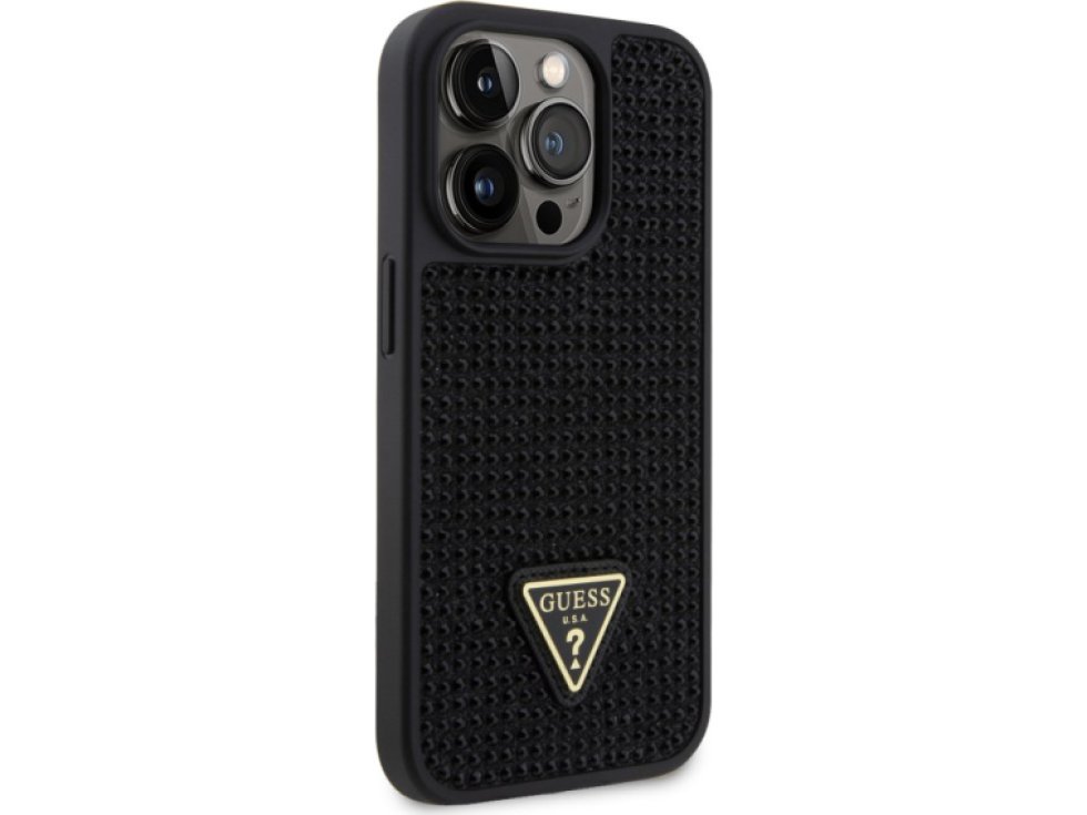 Ochranný kryt pro iPhone 15 Pro - Guess, Rhinestones Triangle Metal Logo Black GUHCP15LHDGTPK