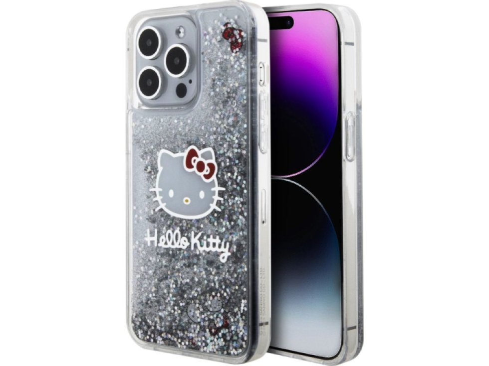 Ochranný kryt na iPhone 15 Pro MAX - Hello Kitty, Liquid Glitter Electroplating Head Logo Transparent HKHCP15XLIKHET