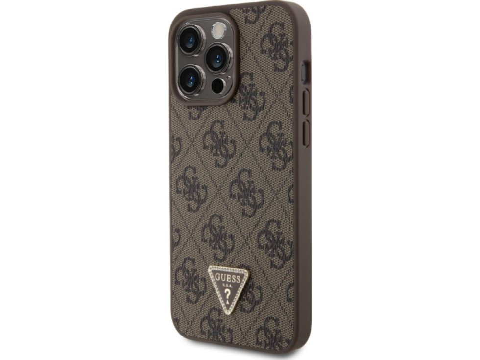 Ochranný kryt na iPhone 15 Pro MAX - Guess, 4G Strass Triangle Metal Logo Brown GUHCP15XP4TDPW
