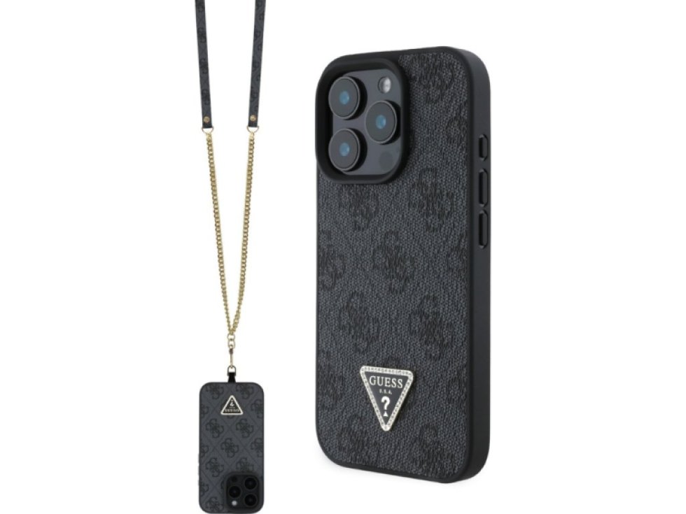 Ochranný kryt s crossbody popruhem na iPhone 16 Pro MAX - Guess, 4G Strass Triangle Metal Logo Black GUHCP16XP4TDSCPK