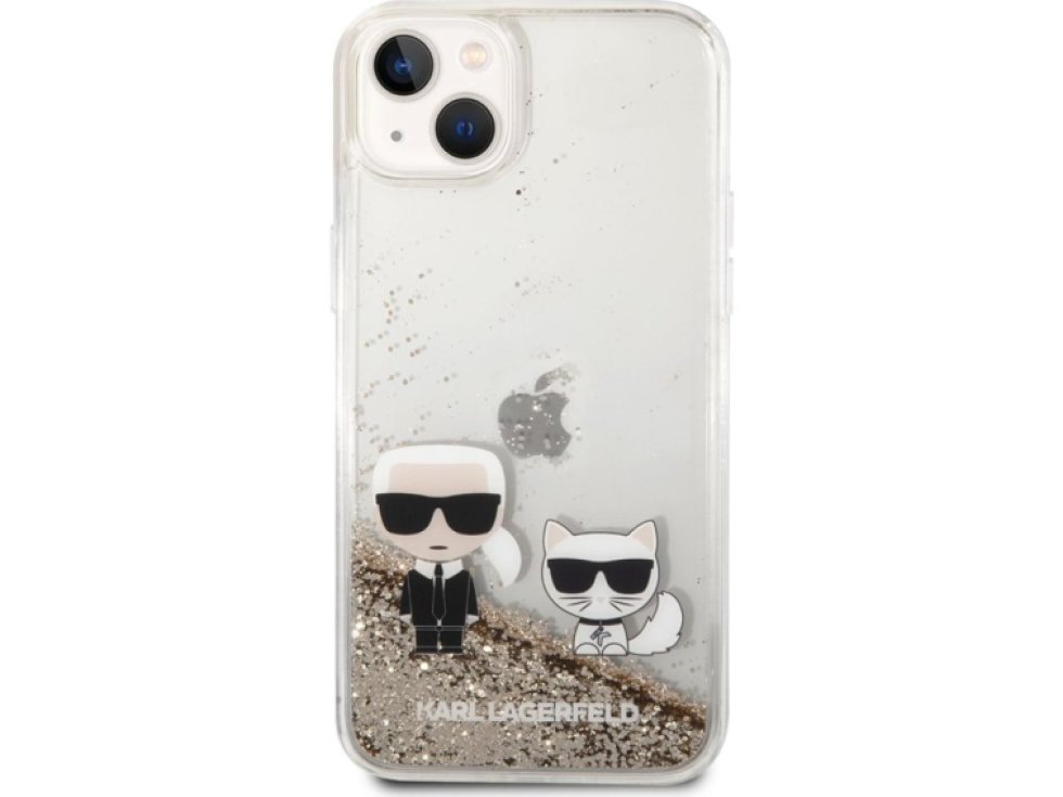 Ochranný kryt pro iPhone 14 PLUS - Karl Lagerfeld, Liquid Glitter Karl and Choupette Gold KLHCP14MGKCD