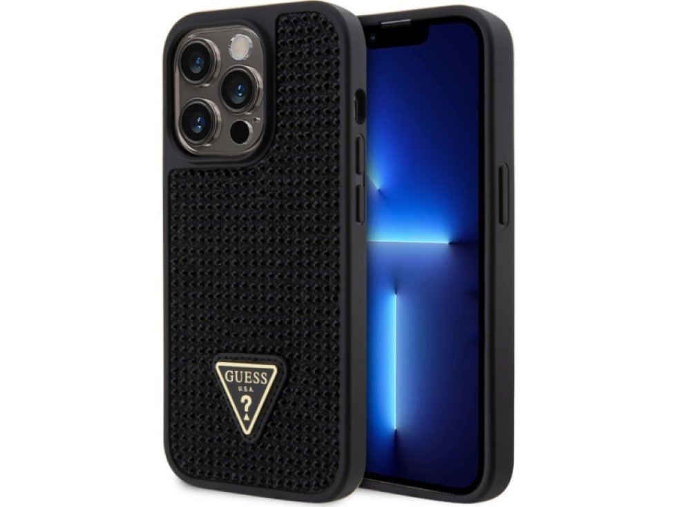 Ochranný kryt pro iPhone 15 Pro - Guess, Rhinestones Triangle Metal Logo Black GUHCP15LHDGTPK