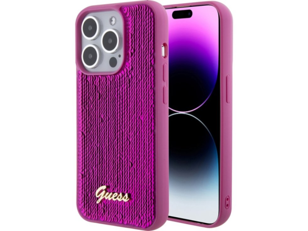 Ochranný kryt na iPhone 15 - Guess, Sequin Script Logo Magenta GUHCP15SPSFDGSF