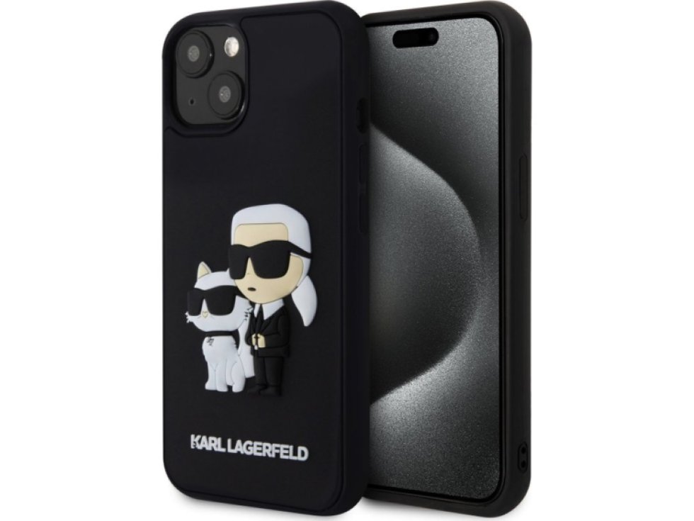 Ochranný kryt na iPhone 15 - Karl Lagerfeld, 3D Rubber Karl and Choupette Black KLHCP15S3DRKCNK
