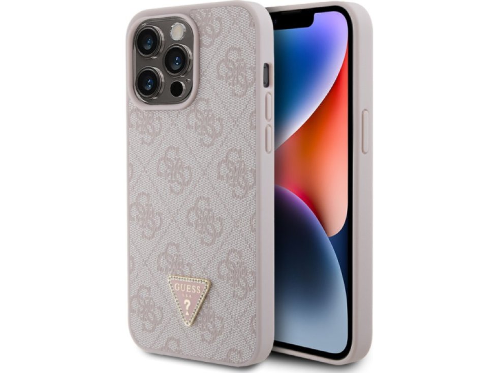 Ochranný kryt na iPhone 15 Pro MAX - Guess, 4G Strass Triangle Metal Logo Pink GUHCP15XP4TDPP