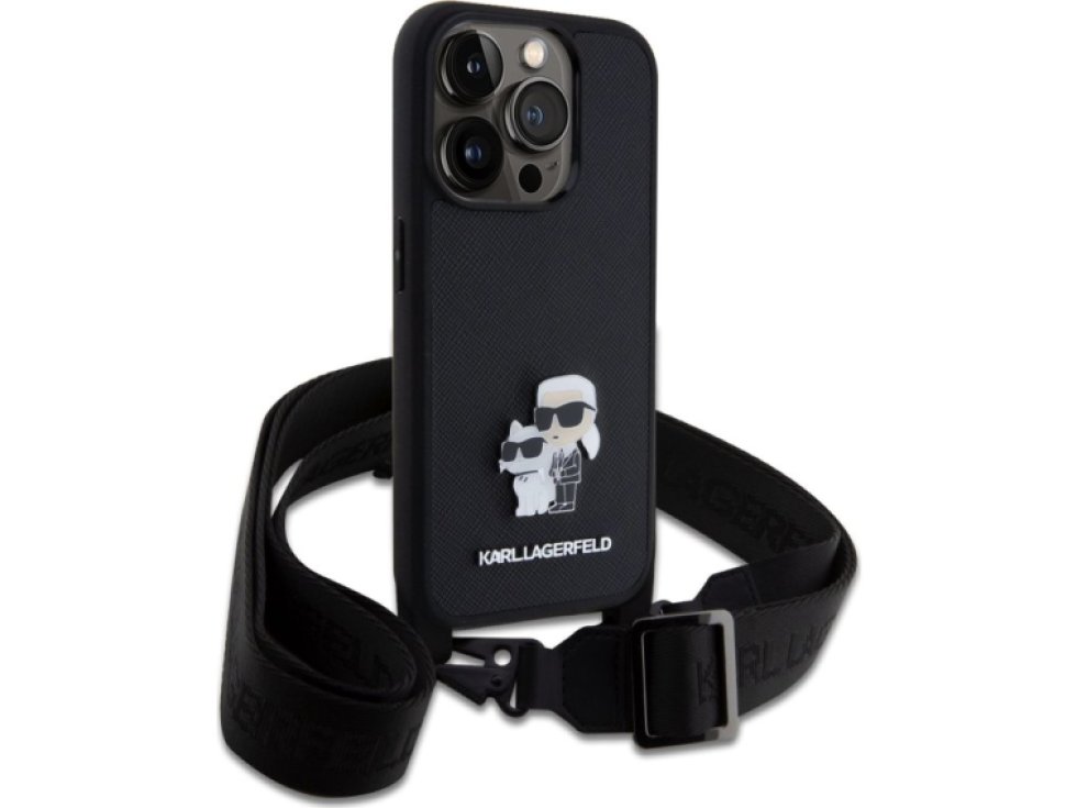Ochranný kryt s crossbody popruhem pro iPhone 15 Pro - Karl Lagerfeld, Saffiano Metal Karl and Choupette Black KLHCP15LSAKCPBK