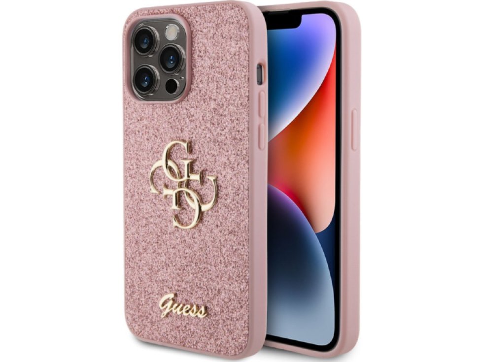 Ochranný kryt na iPhone 15 Pro MAX - Guess, Fixed Glitter 4G Metal Logo Pink GUHCP15XHG4SGP