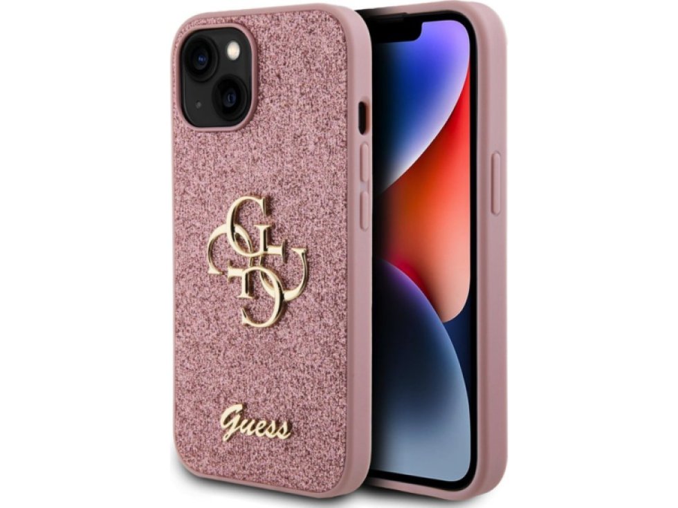 Ochranný kryt na iPhone 15 - Guess, Fixed Glitter 4G Metal Logo Pink GUHCP15SHG4SGP