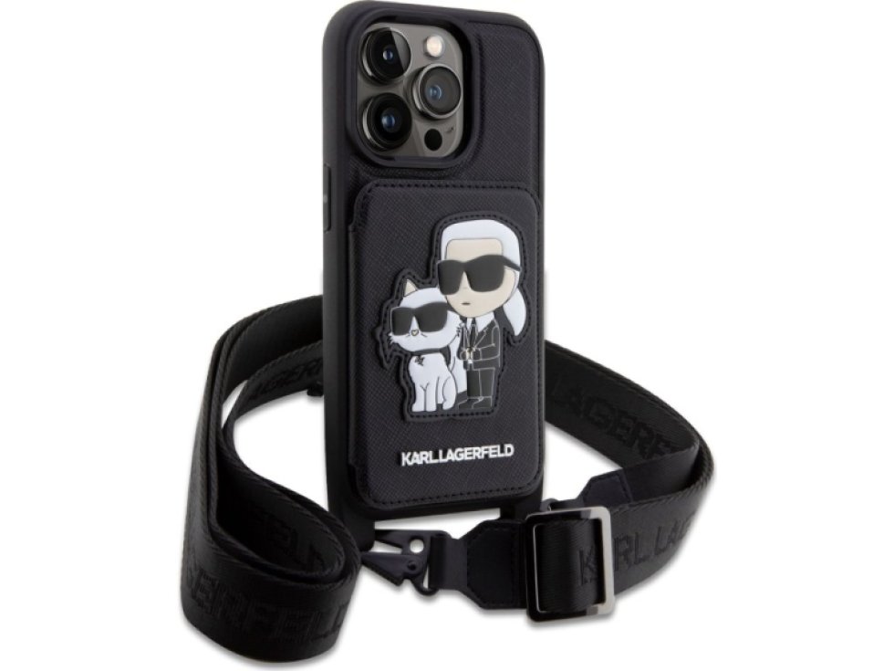 Ochranný kryt pro iPhone 14 Pro - Karl Lagerfeld, Saffiano Crossbody Karl and Choupette NFT Black KLHCP14LCSAKCPMK