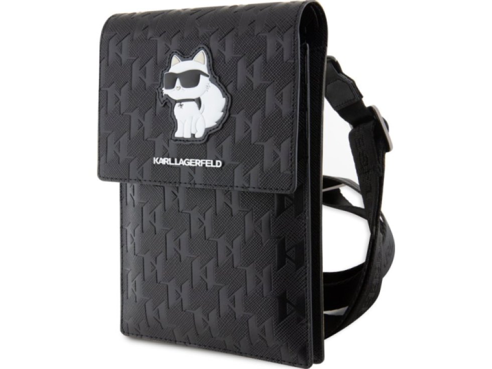 Univerzální pouzdro / taška s kapsou na mobil - Karl Lagerfeld, Saffiano Monogram Choupette NFT Wallet Black KLWBSAKHPCK
