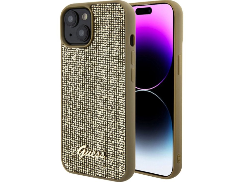 Ochranný kryt na iPhone 15 - Guess, Square Mirror Script Logo Gold GUHCP15SPMSDGSK