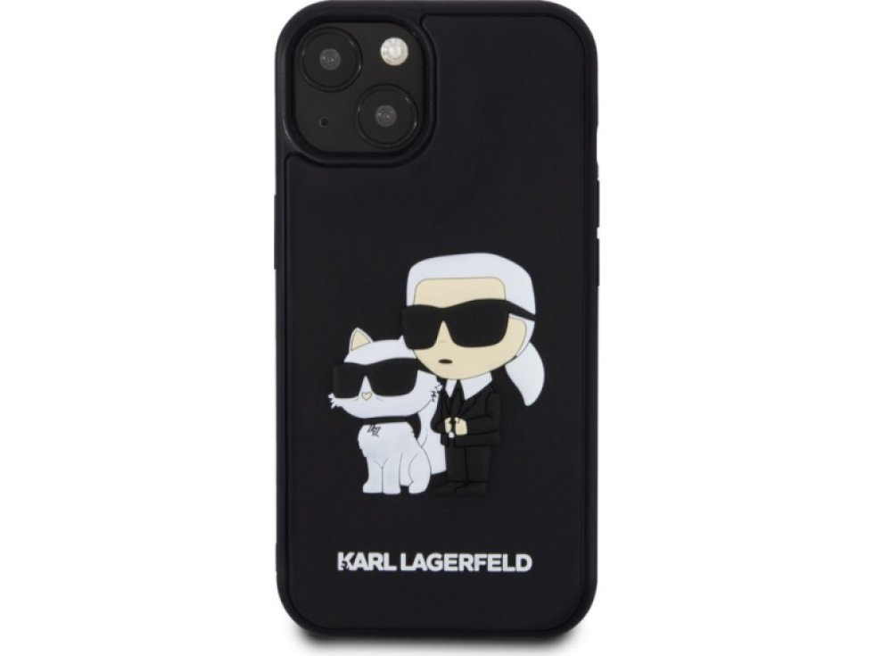 Ochranný kryt na iPhone 15 - Karl Lagerfeld, 3D Rubber Karl and Choupette Black KLHCP15S3DRKCNK