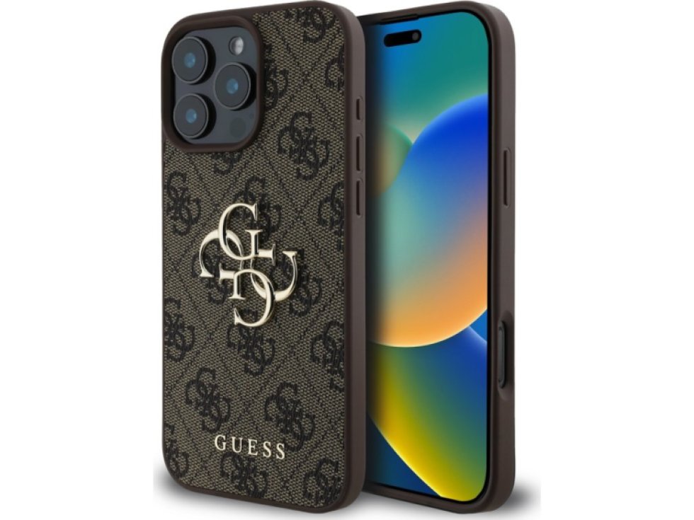 Ochranný kryt na iPhone 16 Pro - Guess, 4G Metal Logo Brown GUHCP16L4GMGBR