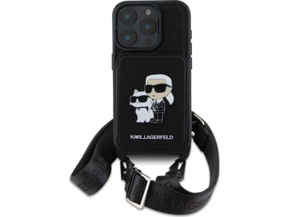 Ochranný kryt na iPhone 16 Pro - Karl Lagerfeld, Saffiano Crossbody Karl and Choupette Black KLHCP16LCSAKCPMK