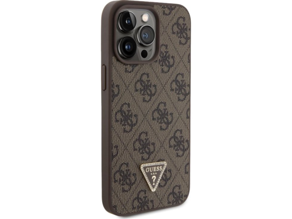 Ochranný kryt na iPhone 15 Pro MAX - Guess, 4G Strass Triangle Metal Logo Brown GUHCP15XP4TDPW