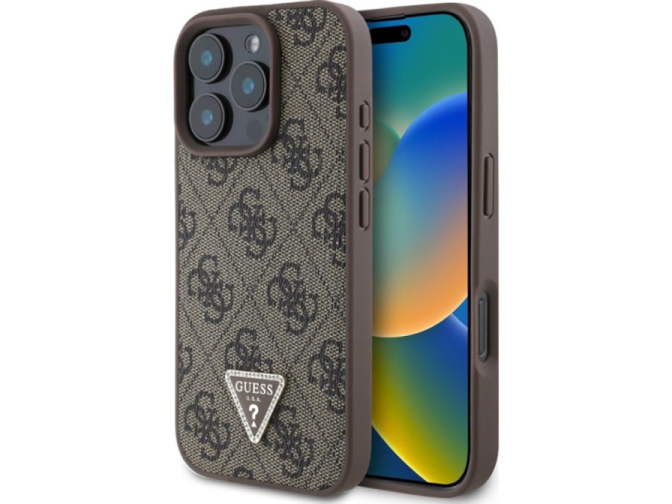 Ochranný kryt na iPhone 16 Pro - Guess, 4G Strass Triangle Brown GUHCP16LP4TDPW