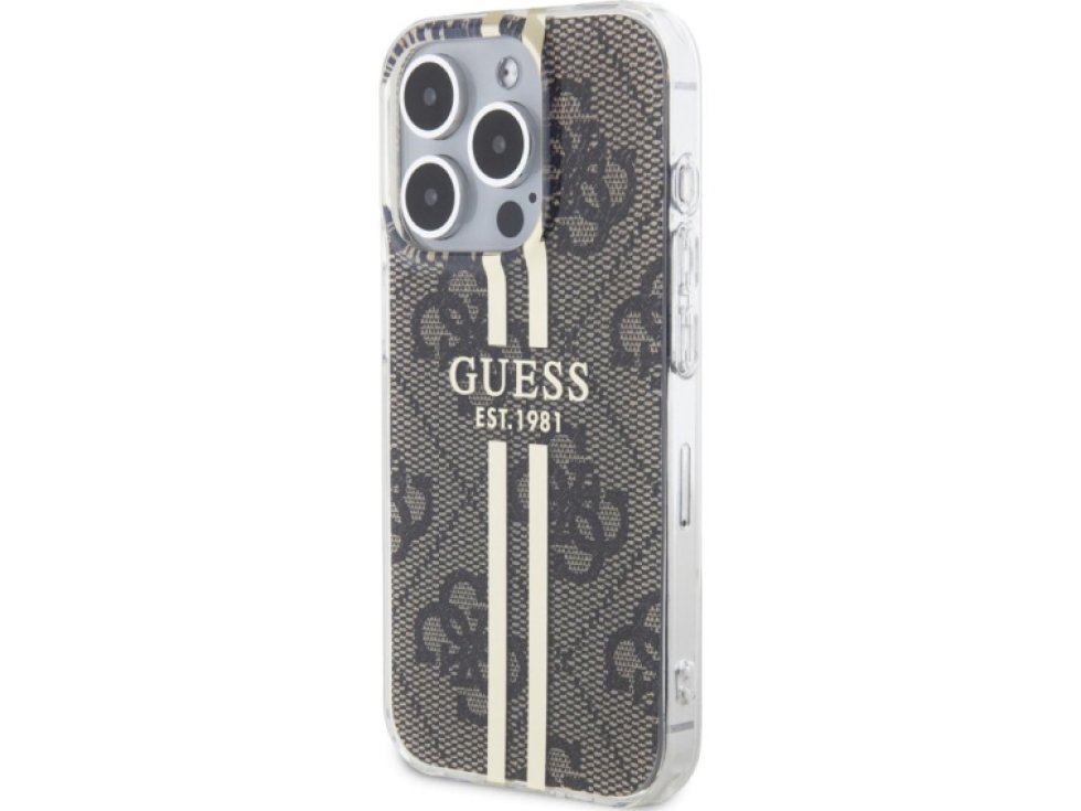 Ochranný kryt na iPhone 15 Pro MAX - Guess, IML 4G Gold Stripe Brown GUHCP15XH4PSEGW