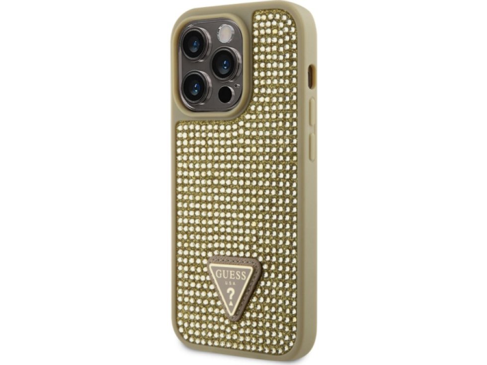 Ochranný kryt pro iPhone 15 Pro - Guess, Rhinestones Triangle Metal Logo Gold GUHCP15LHDGTPD