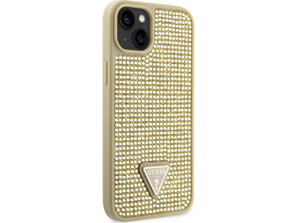 Ochranný kryt pro iPhone 14 - Guess, Rhinestones Triangle Metal Logo Gold GUHCP14SHDGTPD