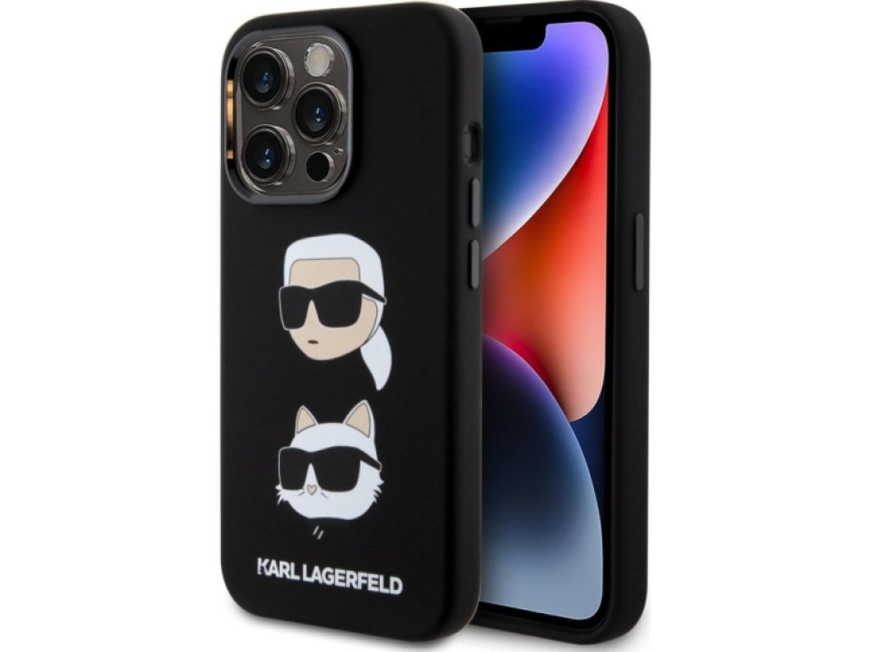 Ochranný kryt na iPhone 15 Pro - Karl Lagerfeld, Liquid Silicone Karl and Choupette Heads Black KLHCP15LSDHKCNK