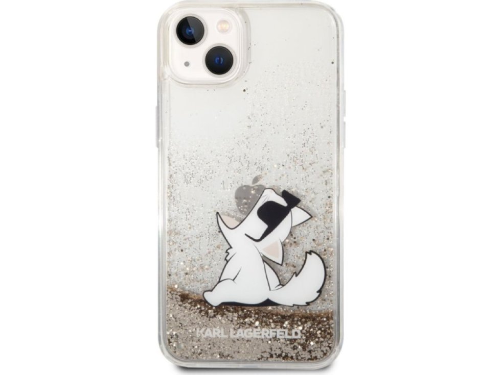 Ochranný kryt pro iPhone 14 PLUS - Karl Lagerfeld, Liquid Glitter Choupette Eat Gold KLHCP14MGCFD