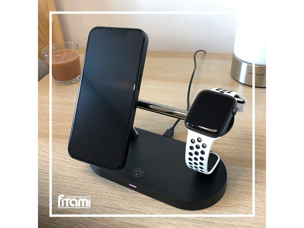 Bezdrátová nabíječka 3v1 s lampičkou - Černá