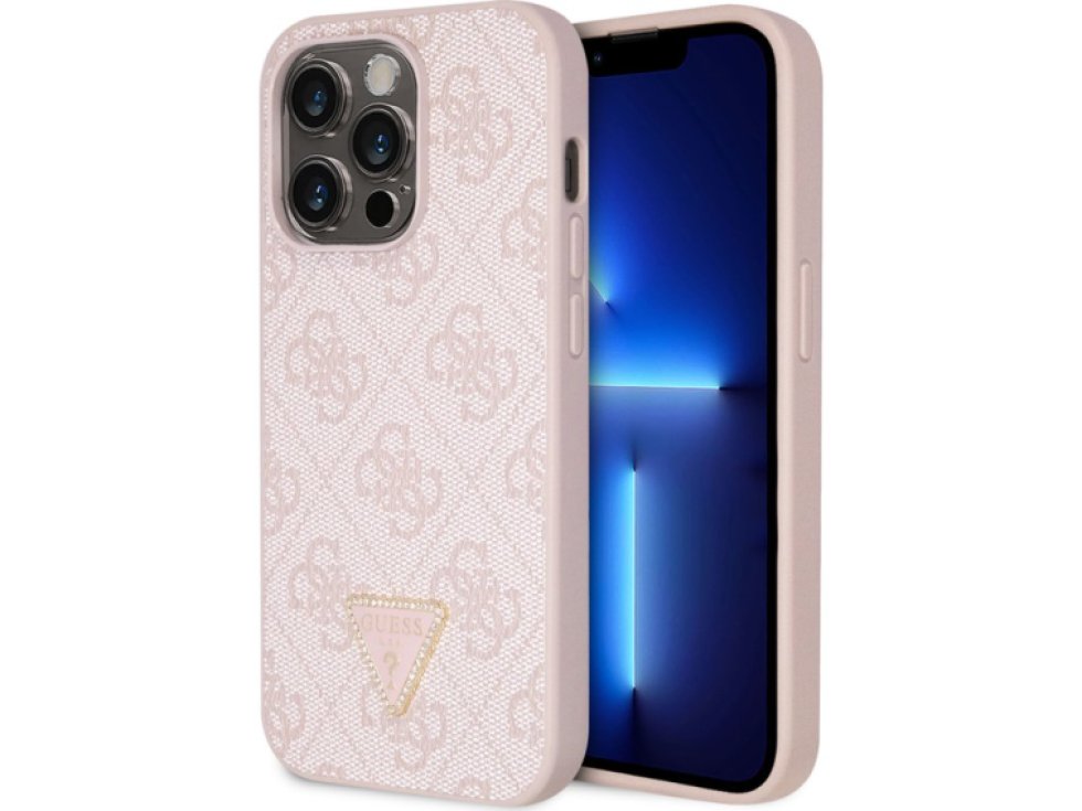 Ochranný kryt na iPhone 15 Pro - Guess, 4G Strass Triangle Metal Logo Pink GUHCP15LP4TDPP