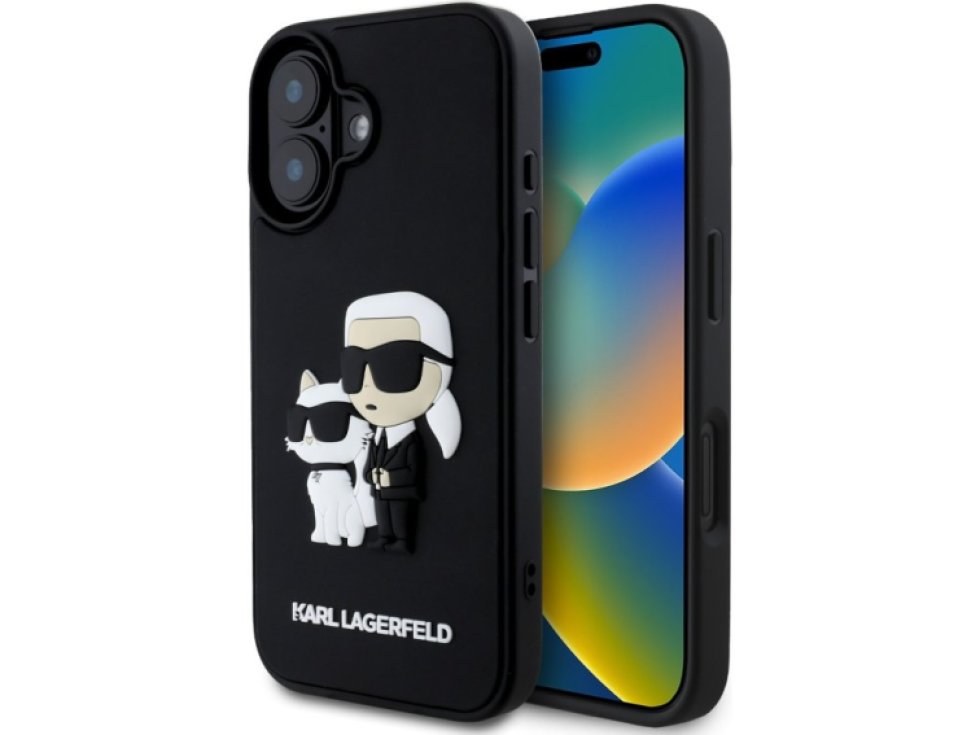 Ochranný kryt na iPhone 16 PLUS - Karl Lagerfeld, 3D Rubber Karl and Choupette Black KLHCP16M3DRKCNK