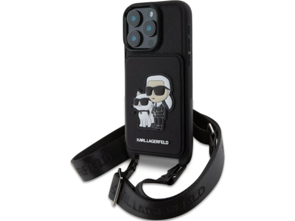Ochranný kryt na iPhone 16 Pro - Karl Lagerfeld, Saffiano Crossbody Karl and Choupette Black KLHCP16LCSAKCPMK